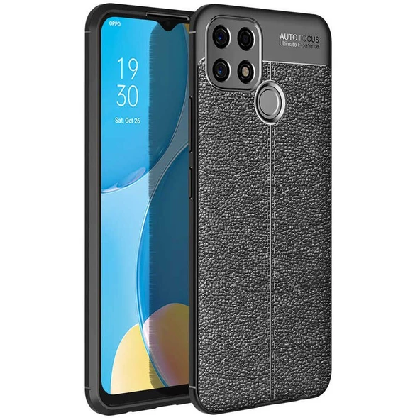 Smcase Oppo A15s Kılıf Deri Dokulu Silikon  Nano Ekran Koruyucu
