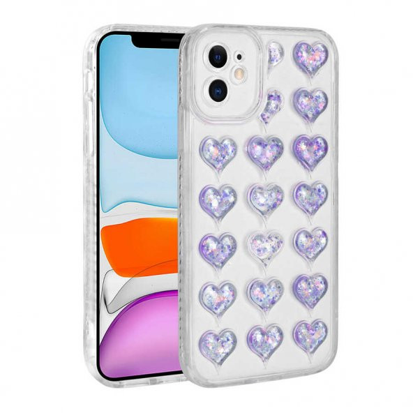 Smcase iPhone 11 Kılıf Kamera Korumalı Kalp Desenli Simli Silikon
