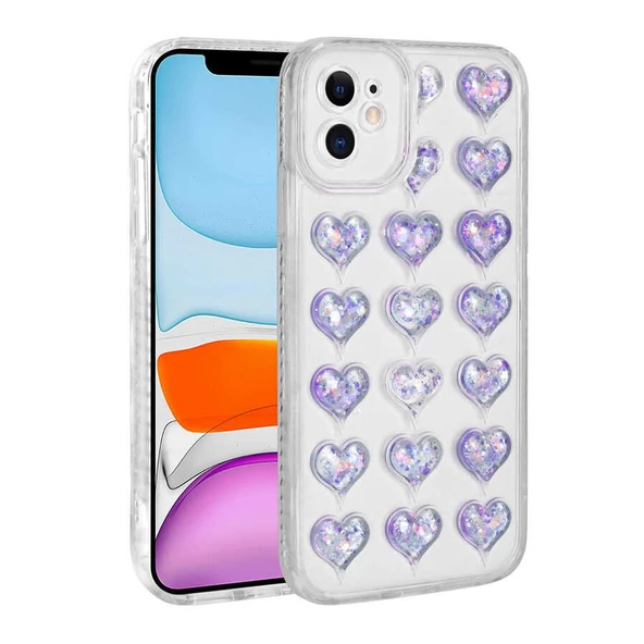 Smcase iPhone 11 Kılıf Kamera Korumalı Kalp Desenli Simli Silikon