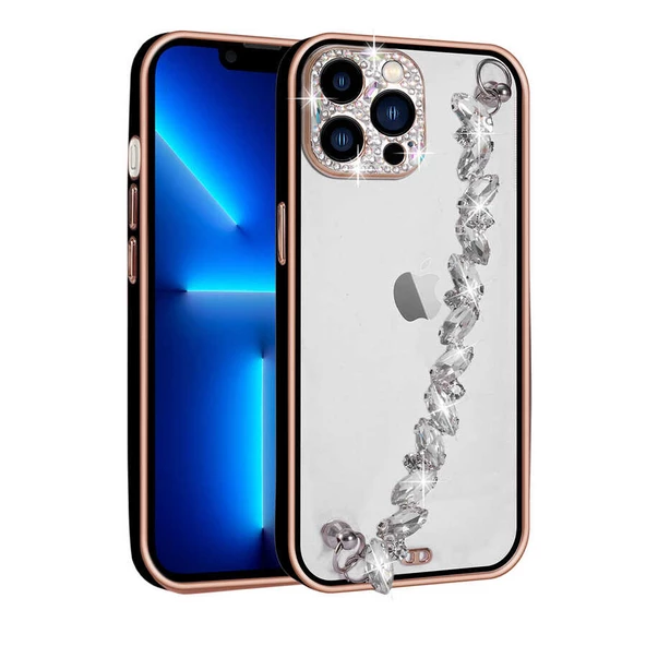 Smcase iPhone 13 Pro Kılıf Kamera Korumalı Taşlı El Tutmalı Blazer Lazer Kapak