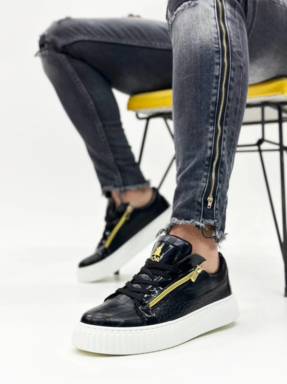 SNR-308 BOA Kalın Yüksek Taban Çift Fermuarlı Siyah Beyaz Erkek Ayakkabı - Resim 4