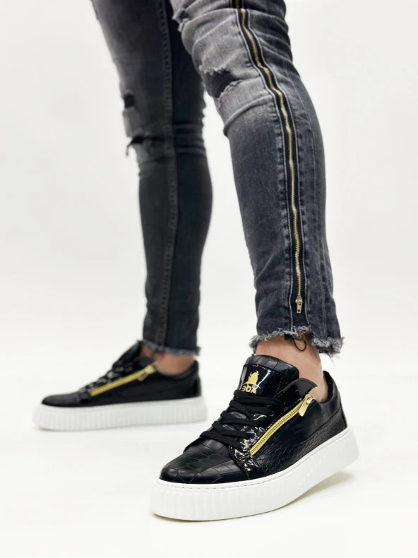 SNR-308 BOA Kalın Yüksek Taban Çift Fermuarlı Siyah Beyaz Erkek Ayakkabı - Resim 6