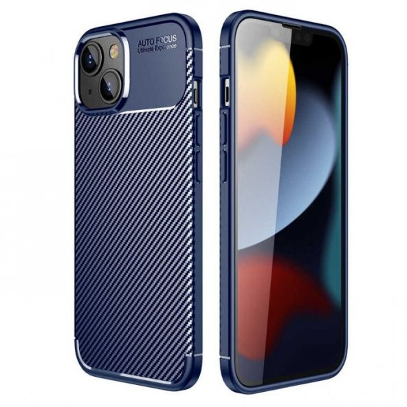 Smcase iPhone 14 Plus Kılıf Negro Karbon Dokulu Silikon  Tam Kapatan Ekran Koruyucu