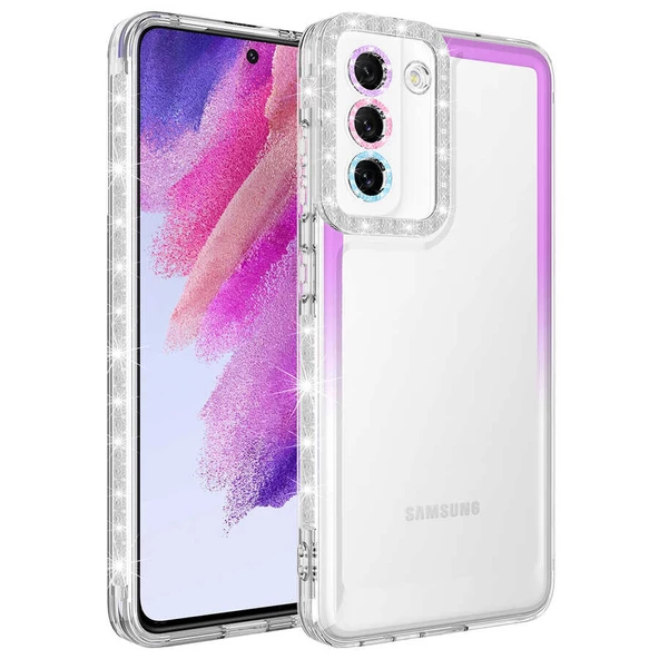 Smcase Samsung Galaxy S21 FE Kılıf Kamera Korumalı Kenarı Taşlı Glaze Park Kapak