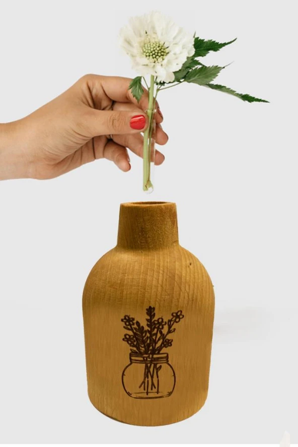 Ahşap Mini Vazo Ev Aksesuarı - Çiçek Desenli 12cm