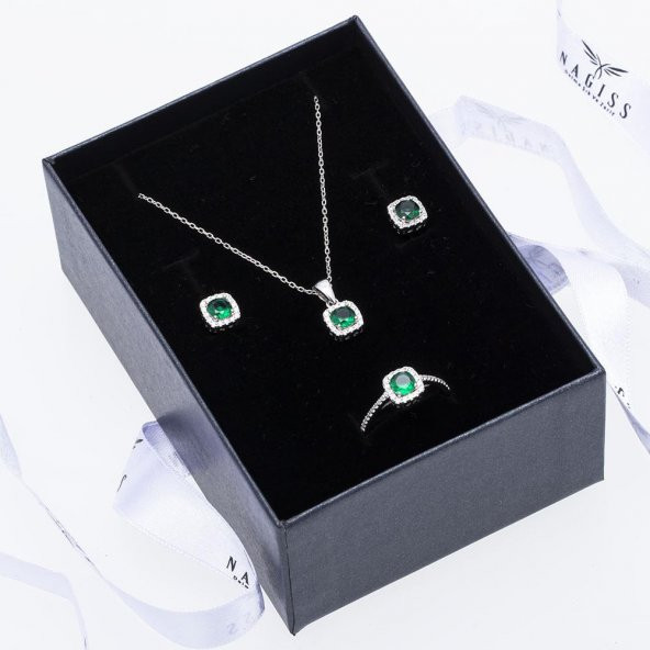 Yeşil Zirkon Taşlı 925 Ayar Gümüş Kadın Üçlü Tektaş Set - 2