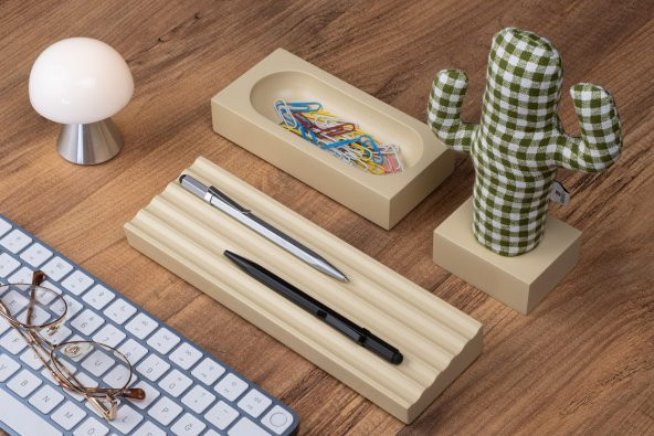 Kayigo Woody Krem Üçlü Ofis  Seti - Pötikareli Cactus - 2