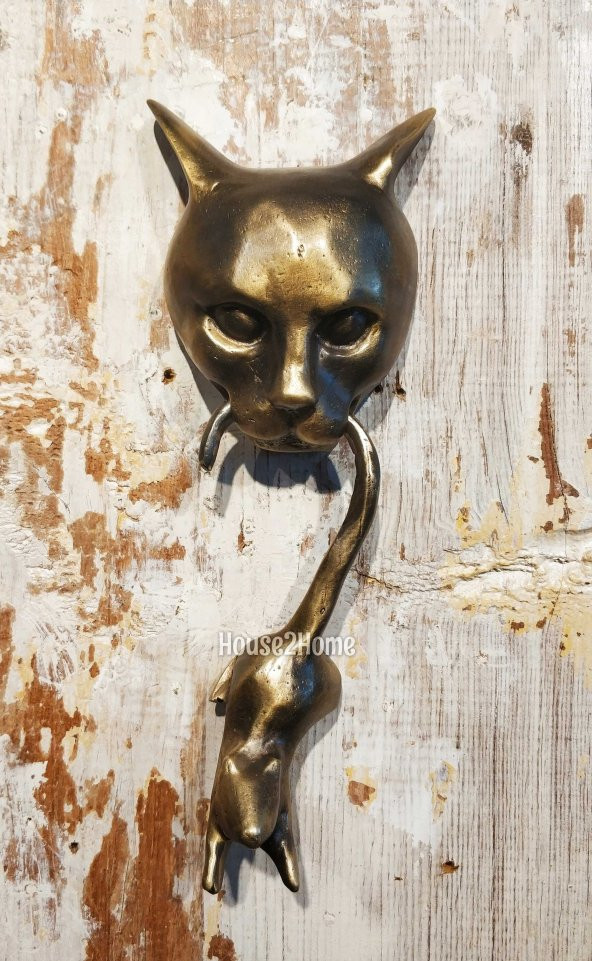 House2Home El Yapımı Pirinç Kedi Fare Kapı Tokmağı, Tak Tak Antik Sarı