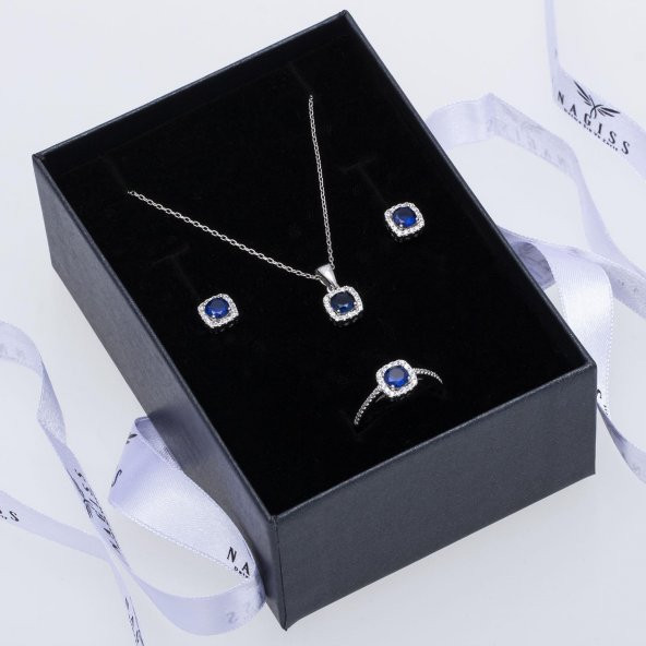 Lacivert Zirkon Taşlı 925 Ayar Gümüş Kadın Üçlü Tektaş Set - 2