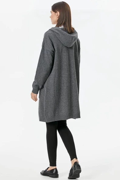 Kapüşonlu Uzun Triko Hırka - Koyu Gri - Resim 5