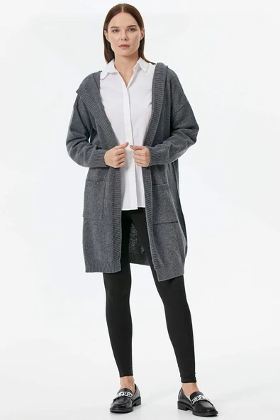 Kapüşonlu Uzun Triko Hırka - Koyu Gri - Resim 2