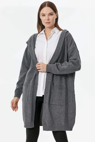 Kapüşonlu Uzun Triko Hırka - Koyu Gri ürün görseli