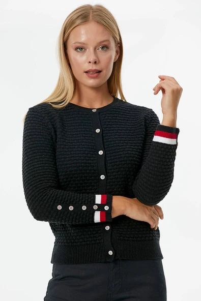 Sıfır Yaka Düğmeli Petek Desenli Triko Hırka - Siyah - 4