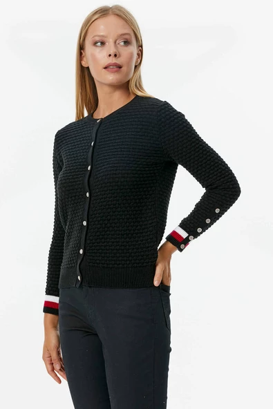 Sıfır Yaka Düğmeli Petek Desenli Triko Hırka - Siyah - 3