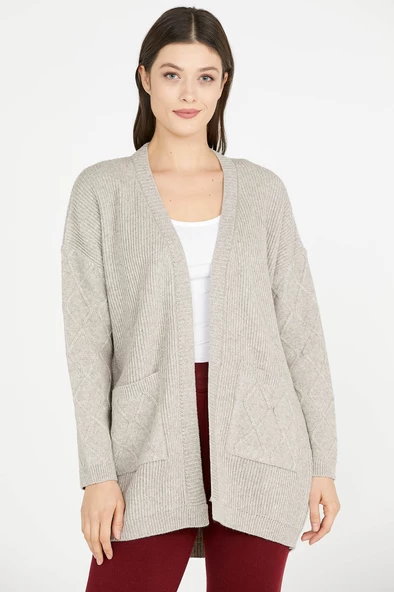 Cepli Uzun Triko Hırka - Vizon - Resim 2