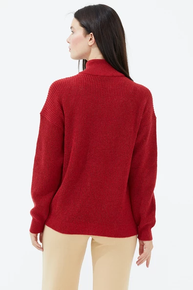Yarım Balıkçı Yaka  Fermuarlı Yün Triko Kazak - Kırmızı - Resim 4