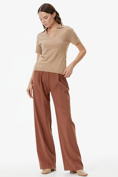 Polo Yaka Kısa Kol Triko Kazak - Bej - Resim 3