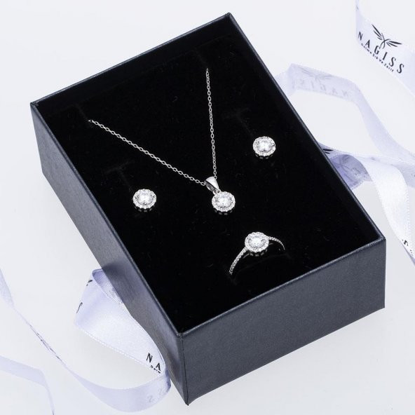 Zirkon Taşlı 925 Ayar Gümüş Kadın Üçlü Tektaş Set - 2