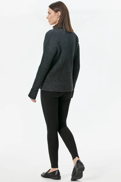 Yarım Balıkçı Yaka Düğmeli Kazak - Antrasit - Resim 5