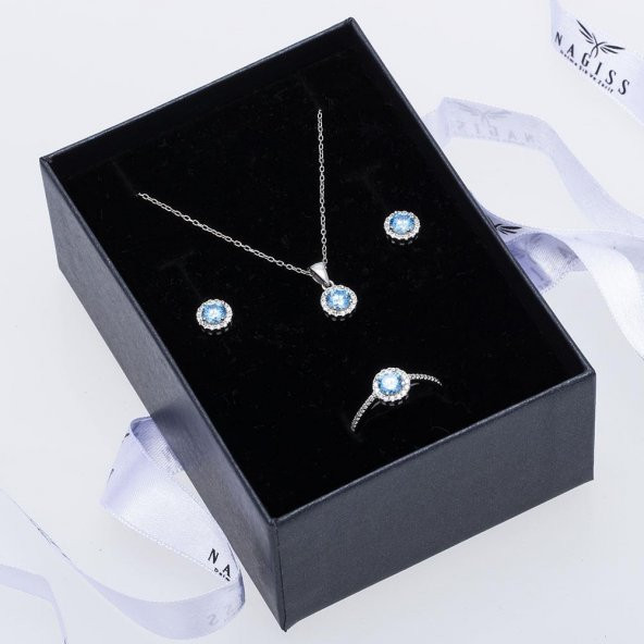 Mavi (Akuamarin) Zirkon Taşlı 925 Ayar Gümüş Kadın Üçlü Tektaş Set - 2