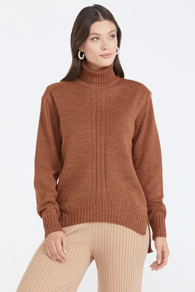 Tam Balıkçı Kadın Triko Kazak - Taba - 2