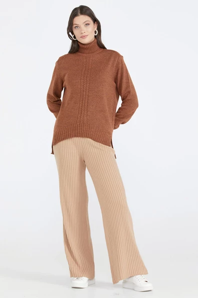 Tam Balıkçı Kadın Triko Kazak - Taba - 3