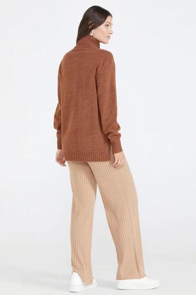 Tam Balıkçı Kadın Triko Kazak - Taba - 4