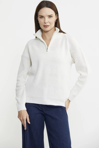 Yarım Balıkçı Yaka  Fermuarlı Yün Triko Kazak - Kemik - Resim 5