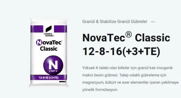 COMPO NOVATEC CLASSİC GÜBRE (12-8-16  3MGO+ME) 25 KG