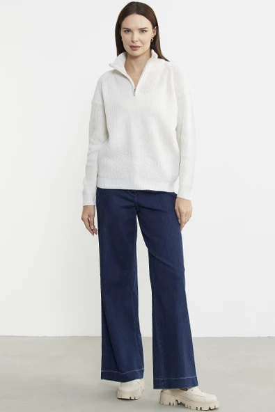 Yarım Balıkçı Yaka  Fermuarlı Yün Triko Kazak - Kemik - Resim 4