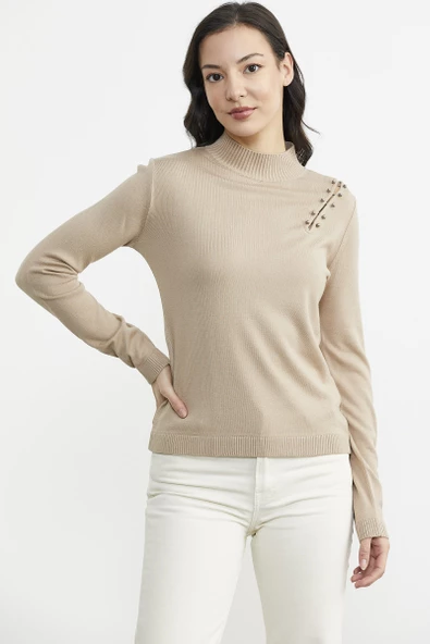 Omuz Aksesuarlı Triko Kazak - Vizon - 3