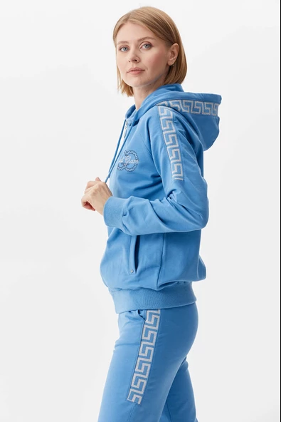 Sim Örgü Detaylı Kapüşonlu Eşofman Takım - Mavi - Resim 3