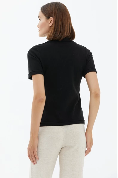 Polo Yaka Kısa Kol Triko Kazak - Siyah - Resim 4