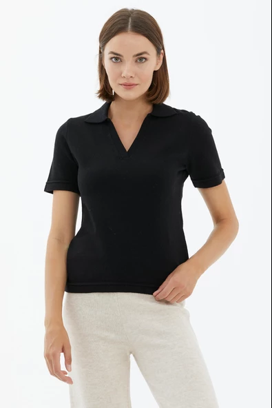 Polo Yaka Kısa Kol Triko Kazak - Siyah ürün görseli 1