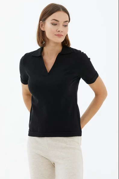 Polo Yaka Kısa Kol Triko Kazak - Siyah - Resim 2