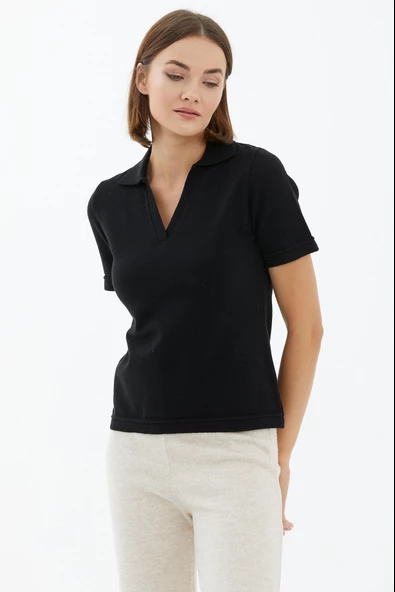 Polo Yaka Kısa Kol Triko Kazak - Siyah - Resim 3