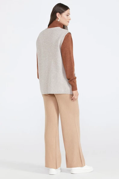 Cepli Fermuarlı Triko Yelek - Vizon - Resim 3