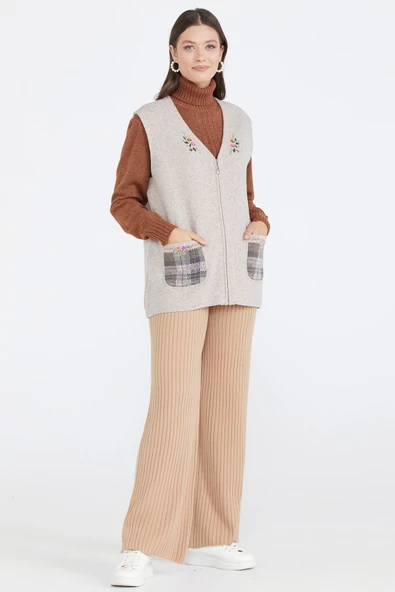 Cepli Fermuarlı Triko Yelek - Vizon - Resim 2