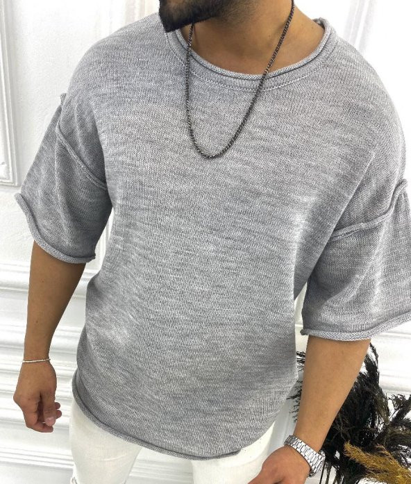 Örme Gri Triko Tişört  Kısa Kollu Oversize Salaş Kalıp Tshirt