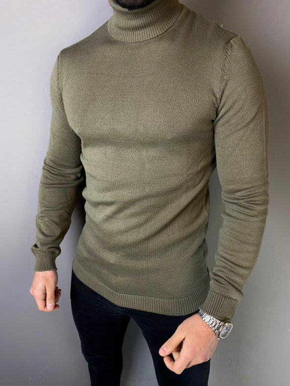 Balıkçı Yaka Dokuma Haki Yeşil Dar Kalıp  Slim Fit  Örme Triko