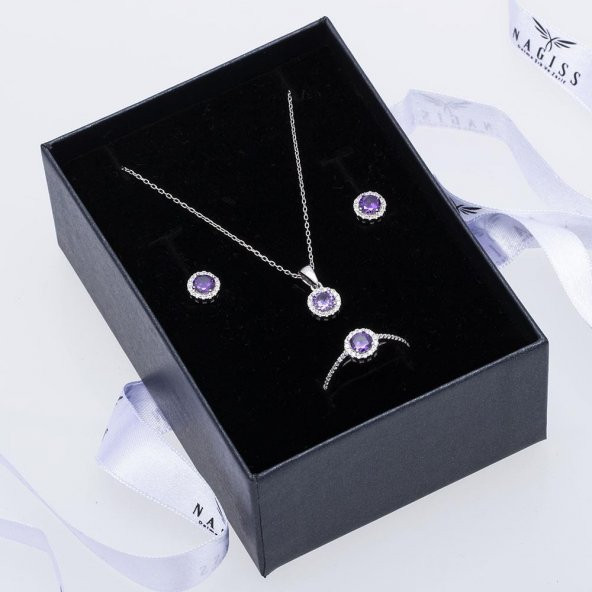 Mor Zirkon Taşlı 925 Ayar Gümüş Kadın Üçlü Tektaş Set - 2