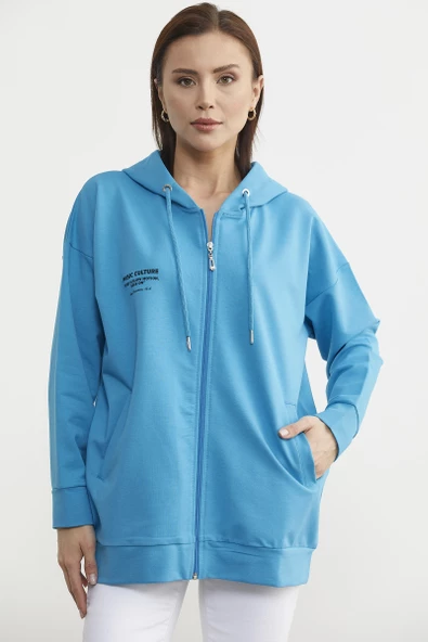 Fermuarlı Oversize Sweat - Mavi