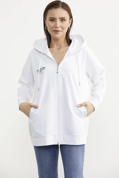 Fermuarlı Oversize Sweat - Beyaz