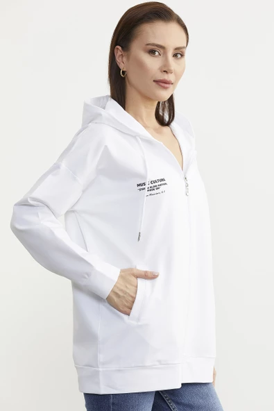 Fermuarlı Oversize Sweat - Beyaz - 4