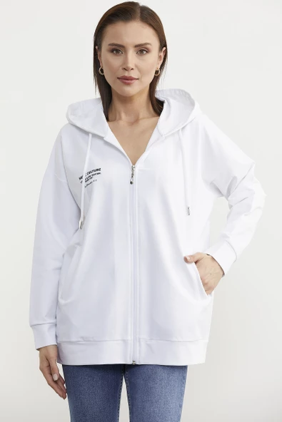Fermuarlı Oversize Sweat - Beyaz - 3