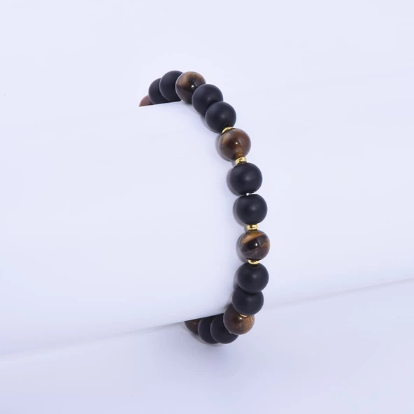 Oniks ve Kaplangözü Taşlı Sarı Metalli Bileklik - 2