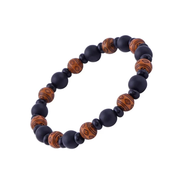 Siyah Oniks Taşlı ve Kilim Desenli Ağaç Bileklik