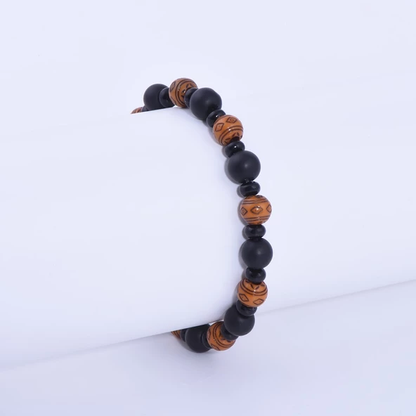 Siyah Oniks Taşlı ve Kilim Desenli Ağaç Bileklik - 2