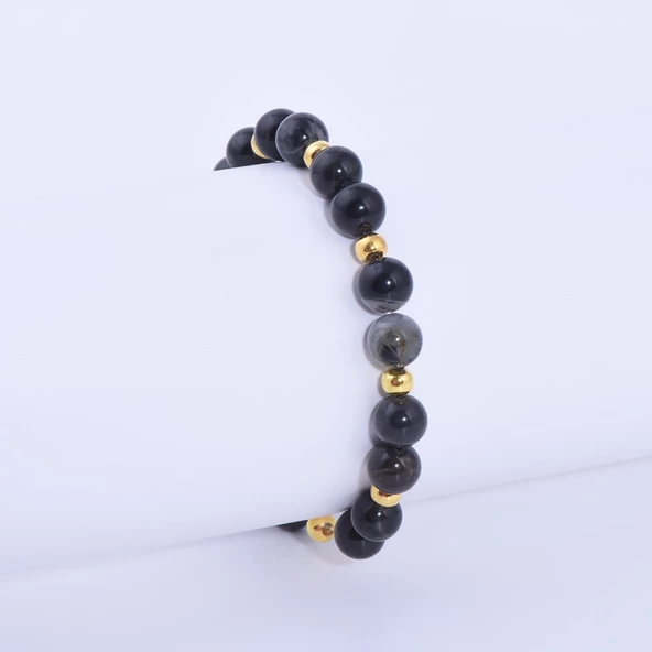 Siyah Akik Taşlı Sarı Metal Detaylı Bileklik - 2