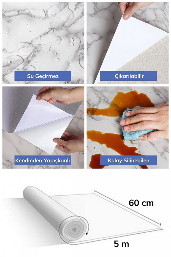 Gri  5mt X 60 Cm Mermer Desenli Masa Tezgah Mutfak Su Geçirmez Yapışkanlı Folyo Sticker - 3